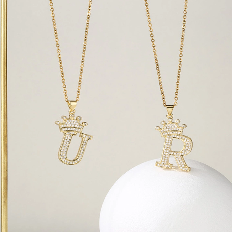 New Design Letter a-Z Brass Pendant Necklace Copper Gold Plated Cubic Zircon Stone Word Jewelry Alphabet Letter Necklace Chain