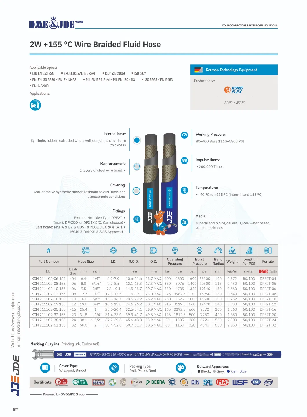 2W +155 Wire Braided Fluid Hose Covering Anti-Abrasive Synthetic Rubber Resistant to Oils Fuels and Atmospheric Conditions