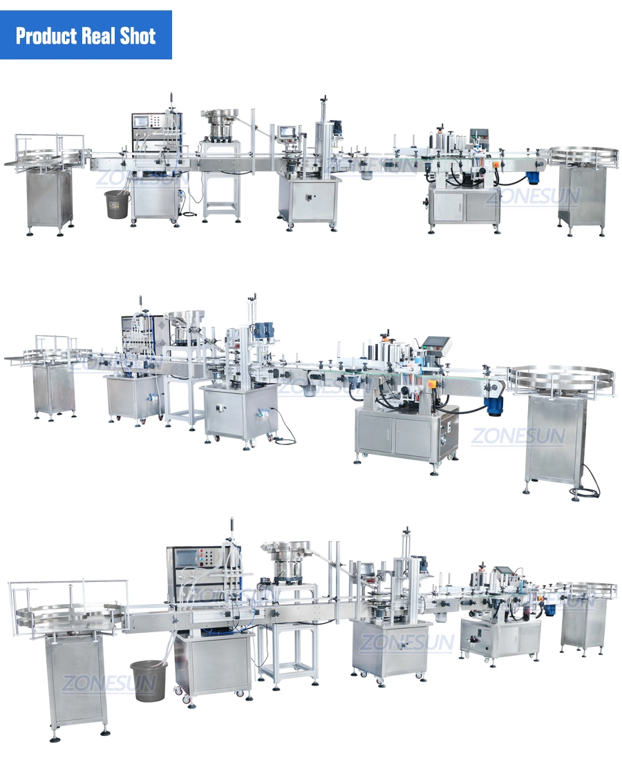 Zonesun Full Automatic Small Cosmetic Oil Liquid Bottle Filling Capping Vibrator and Labeling Machine Line