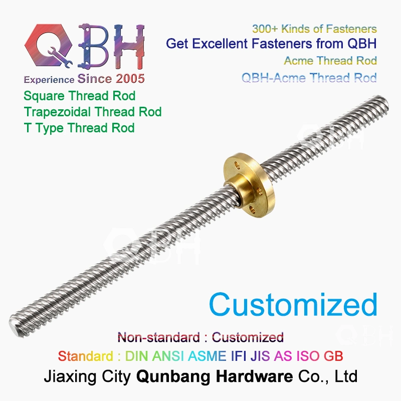 Qbh Customized Trapezoidal Acme Square Section Roll Long Threaded Rod Bar Stud Insert OEM ODM Leadscrew Lead Bolt and Nut