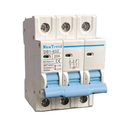 dB1-63z DC MCB 1A 2A 3A 4A 6A 10A 16A 20A 25A 32A 40A 50A 63A 1p 2p 3p 4p Sp Dp Tp 12V 24V 36V 48V 60V 250V 500V 1000V 1500V Solar PV DC Mini Circuit Breaker