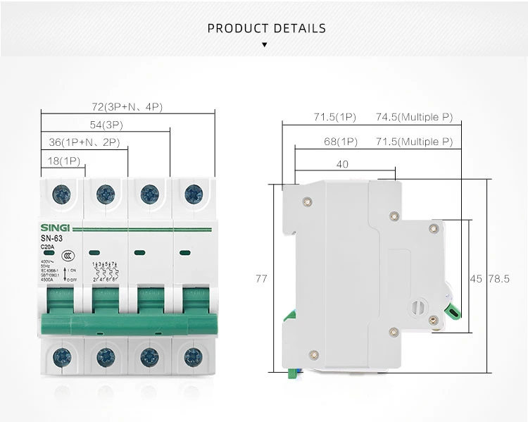 6ka C45 MCB Sn-63 1-4p 1~63A Miniature Circuit Breakers