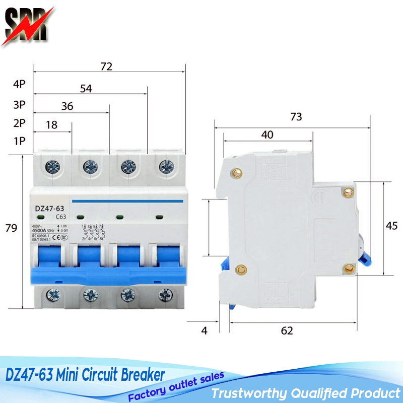 Dz47-63 1p, 2p, 3p, 4p 6A-63A Mini Circuit Breaker (DZ47-63 MCB)