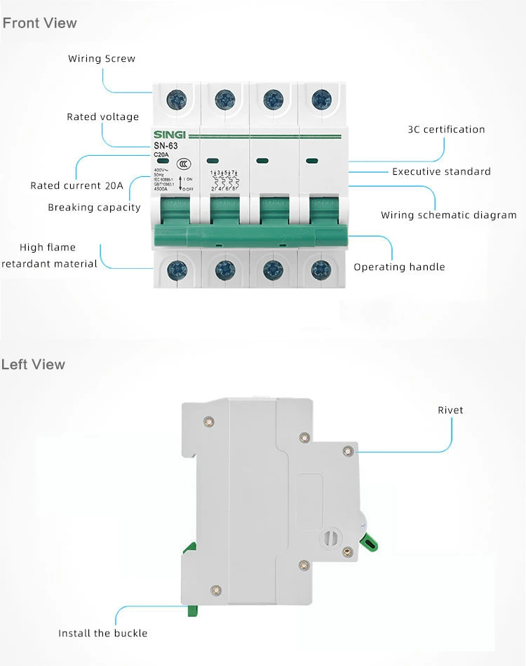 6ka C45 MCB Sn-63 1-4p 1~63A Miniature Circuit Breakers