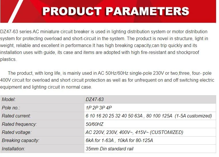 Professional Miniature Circuit Breaker Manufacturer AC DC Dz47-63 1p 1- 63 AMP Switch RCCB/RCBO/ELCB/MCB/MCCB Mini MCB