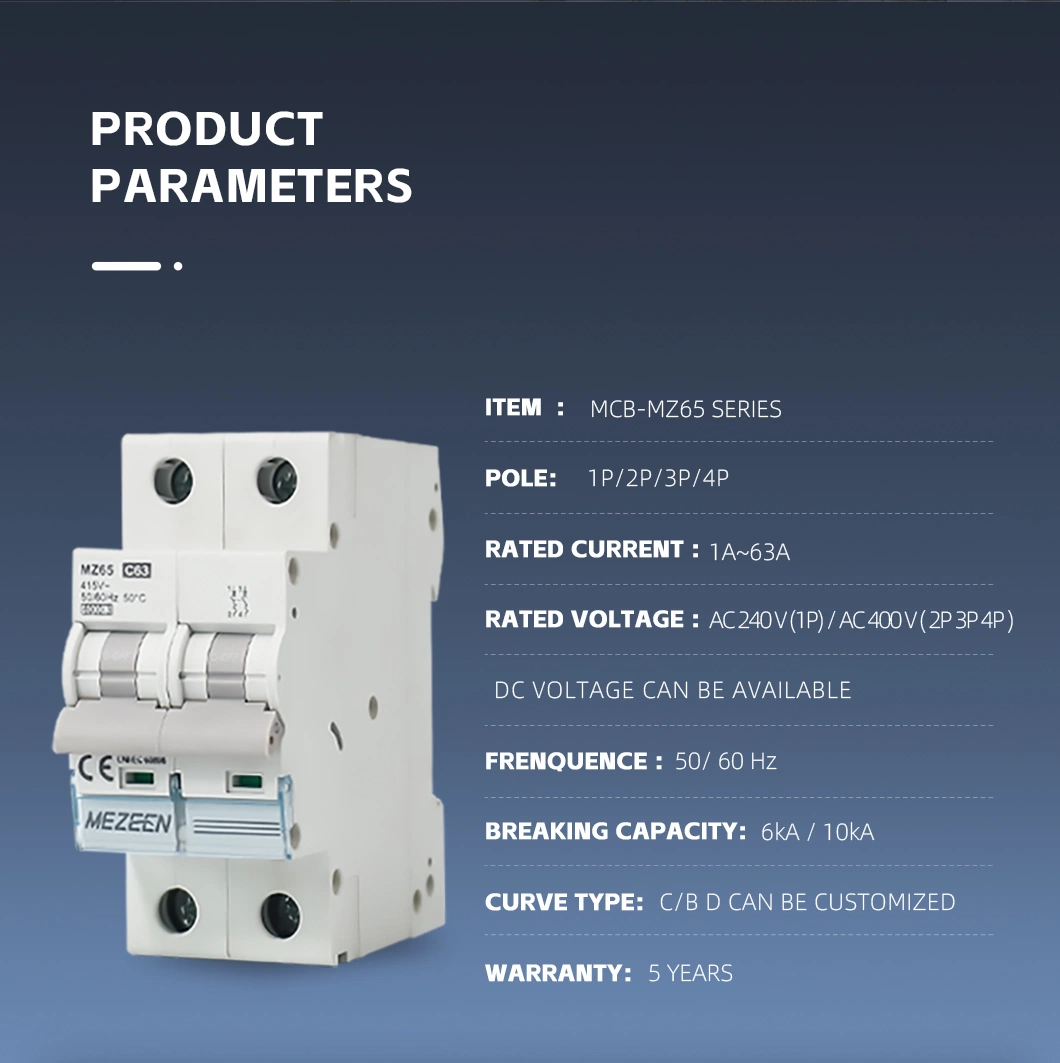 Miniature Circuit Breaker MCB Electrical Safety 6ka 400V 2p 10A Mini AC Dp Circuit Breaker