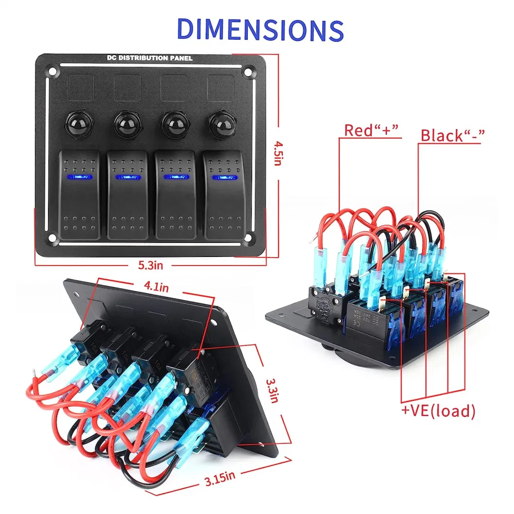 4 Gangs Aluminium Alloy Rocker Switch Panel with Curcuit Breaker and LED for Car Marine Boat Motorcycle