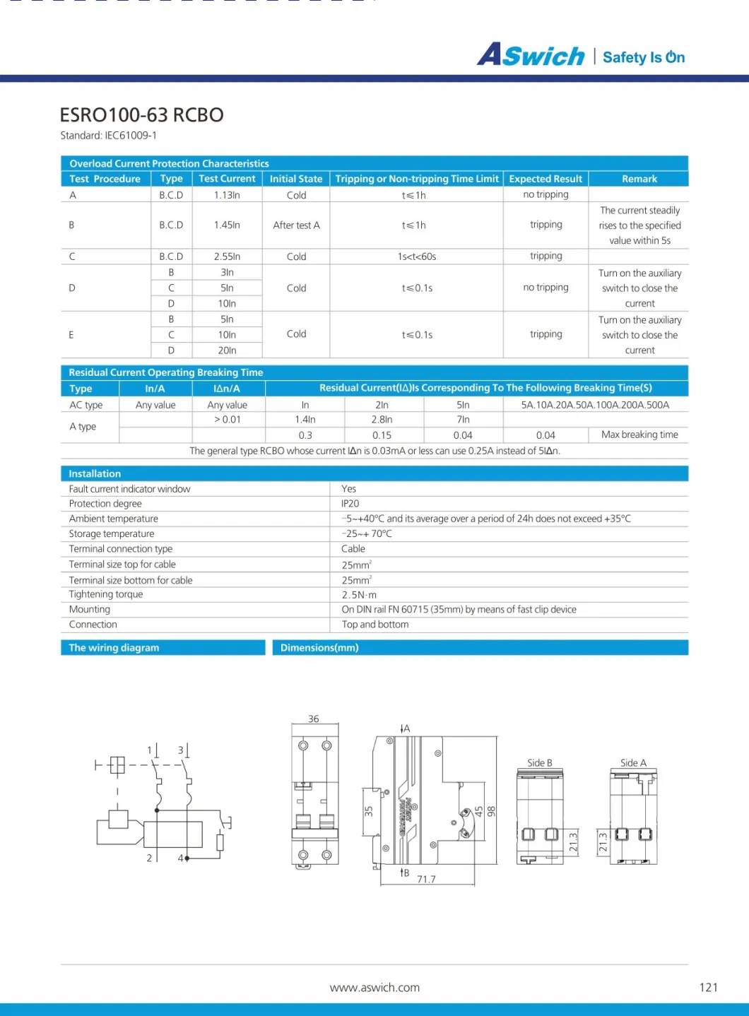 RCBO Breaker, , Earth Leakage, 2p, C Curve, 20A, 30mA, 240 V, 240 V AC 50/60 Hz