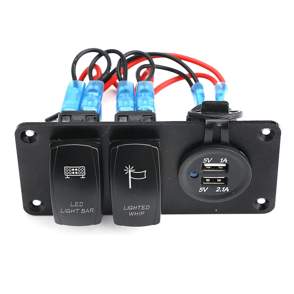 2 Gang Autos Boat Circuit Blue LED 2 USB Socket Rocker Switch Panel Breaker