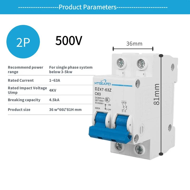 Solar PV System Use Top DC MCB Circuit Breaker 1p 2p 3p 4p Mini Miniature 250V 500VDC 600V 1000V 1000VDC 1200V 1500V 16A 25AMP 63A