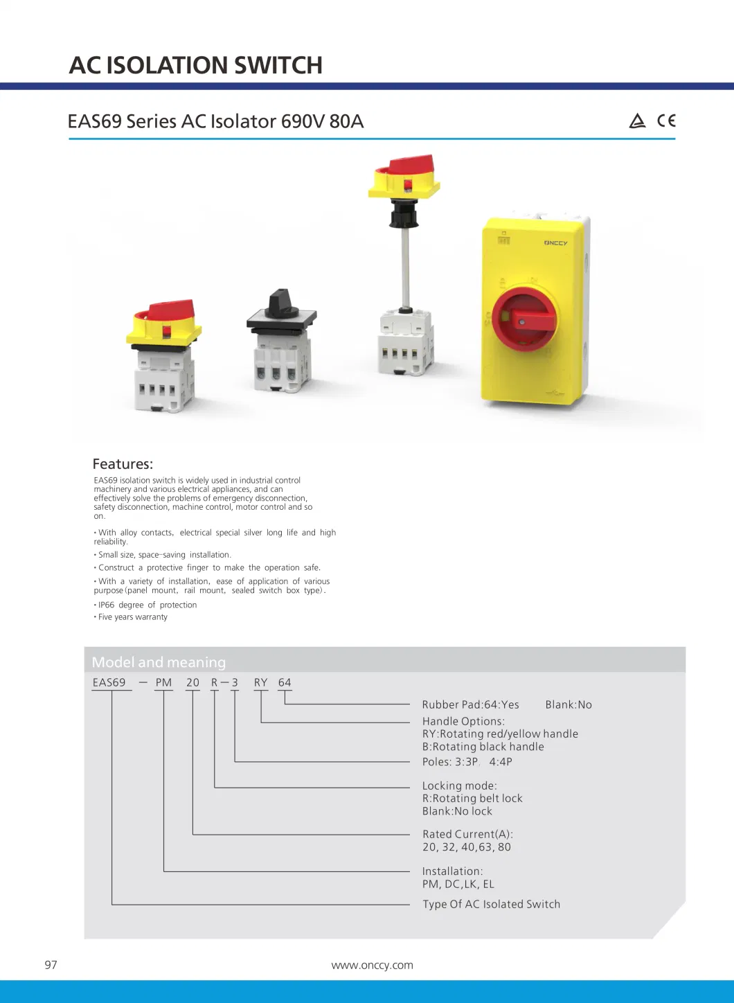 AC Isolator Panel Mounting 800V 16A-125A