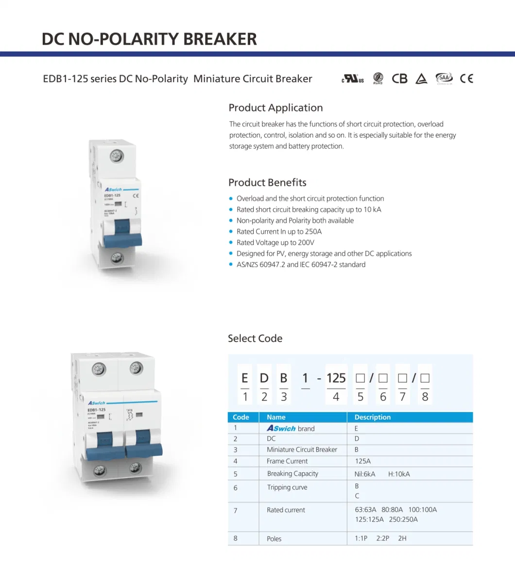 C60 C65 63A DIN Rail 6ka Modular MCB 2 Pole Miniature Breaker Circuit DC