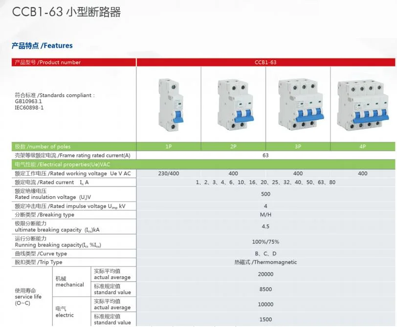 Oemchina Factory OEM Ccb1-63 2p AC230V Isolation Overload Currents Mini MCB RCCB Vacuum Circuit Breaker