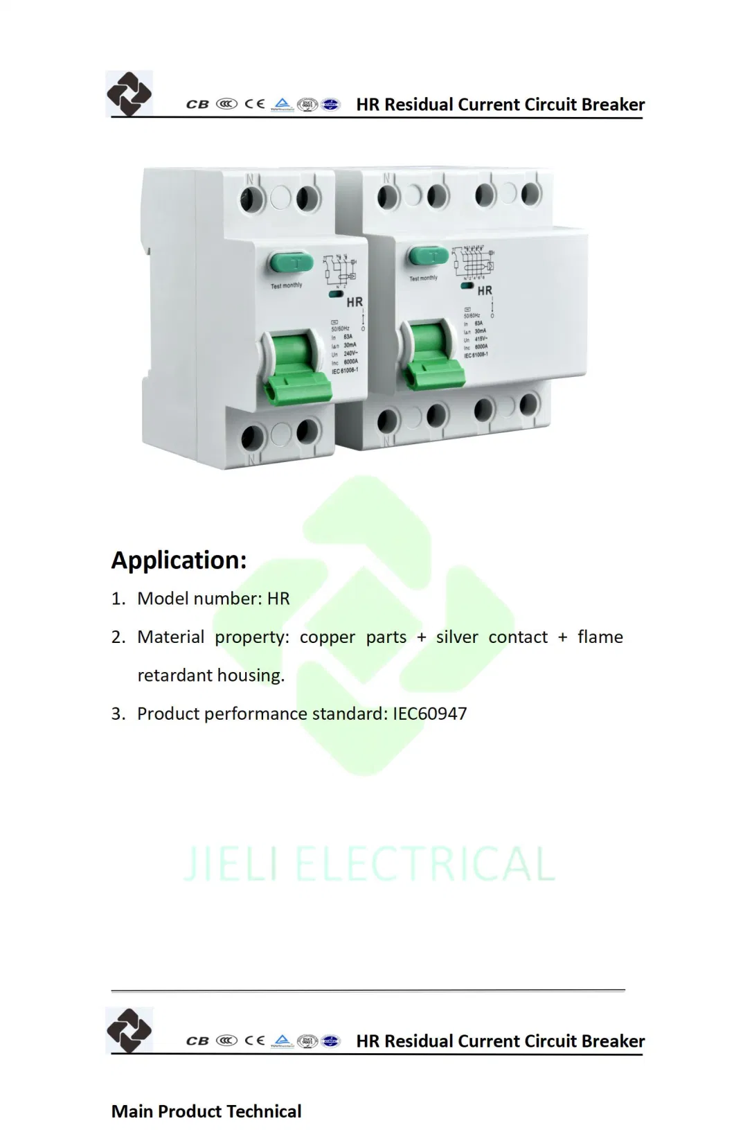 Jieli Scm Hr RCCB Residual Current Circuit Breaker 4 Pole AC MCB