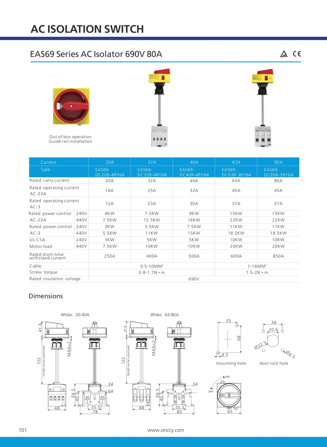 AC Isolator Panel Mounting 800V 16A-125A