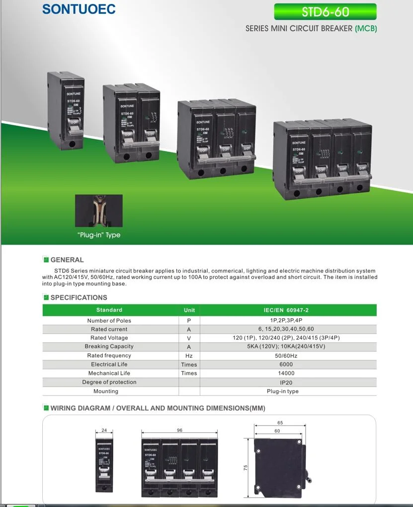 Sontuoec Black Color Miniature Circuit Breaker 1p to 4pole 6ka MCB