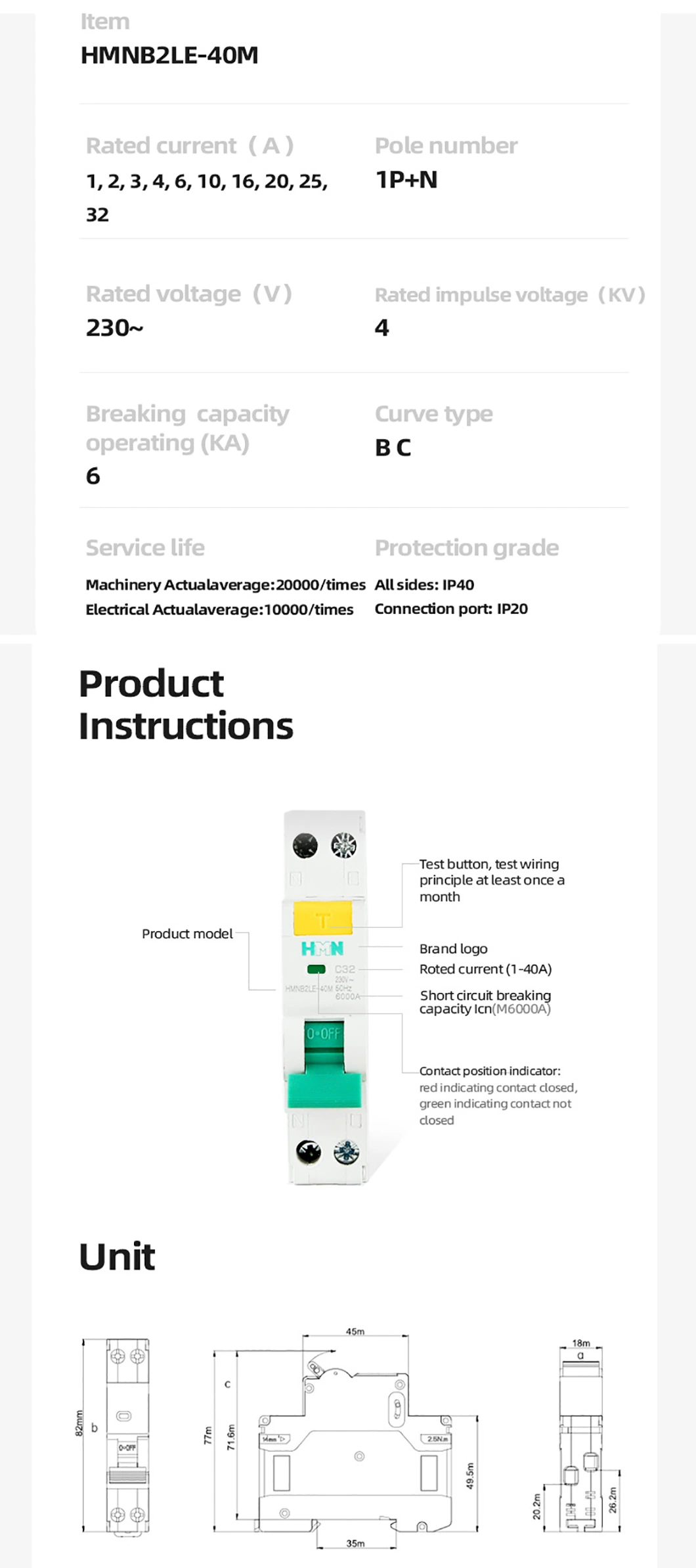 Residual Current MCB 6ka 63A 1P+N CE Mini Circuit Breaker,RCD, RCCB, MCB, MCCB