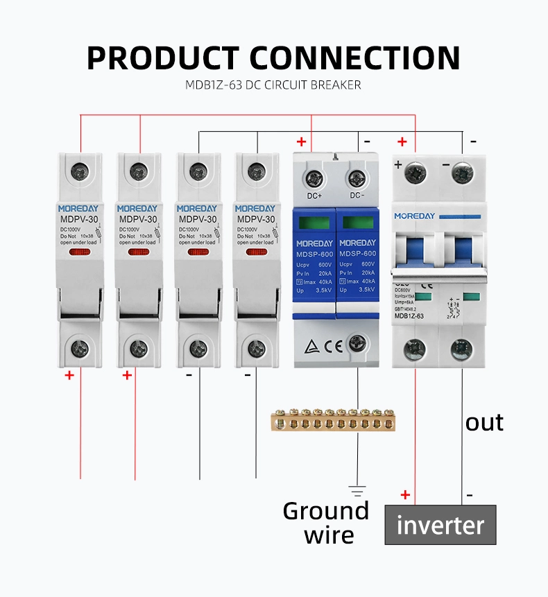 Moreday TUV CE 1p 2p 3p 4p 6ka 600V 1000V DC 63A DC Miniature Circuit Breaker DC Mini Circuit Breaker