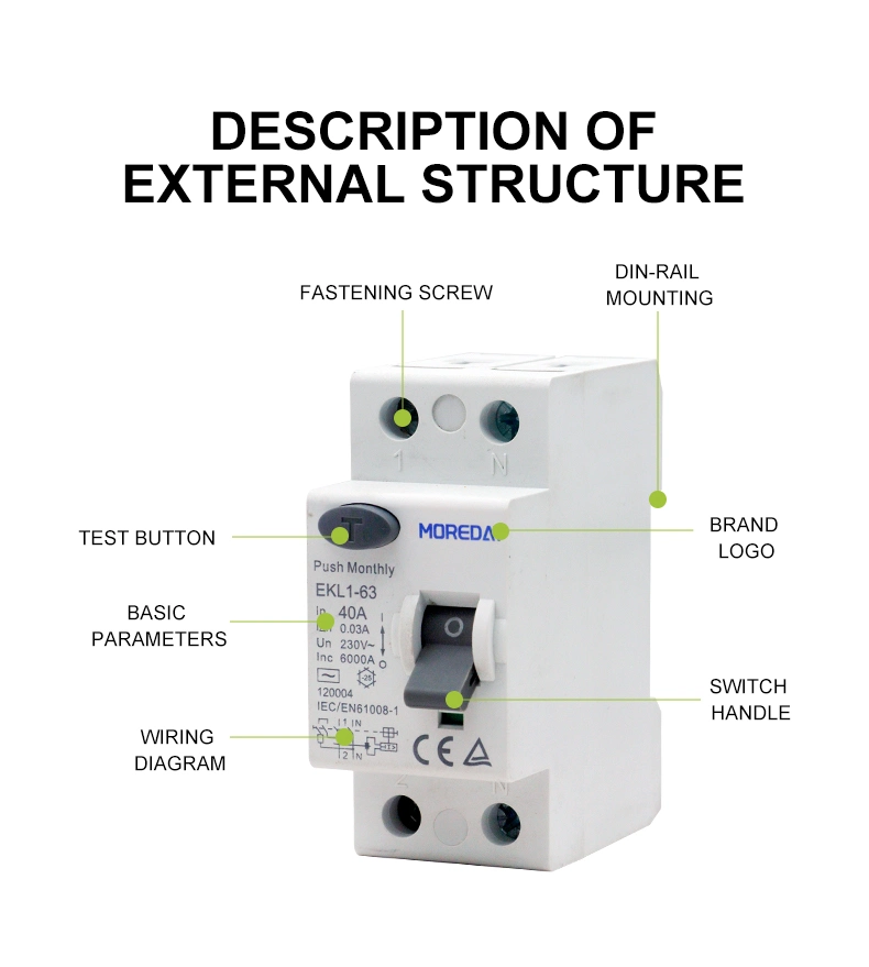 Moreday 1p+N RCBO OEM 30mA 6A 10A 16A 20A 25A 32A 40A Earth Leakage Circuit Breaker with Overload Protection