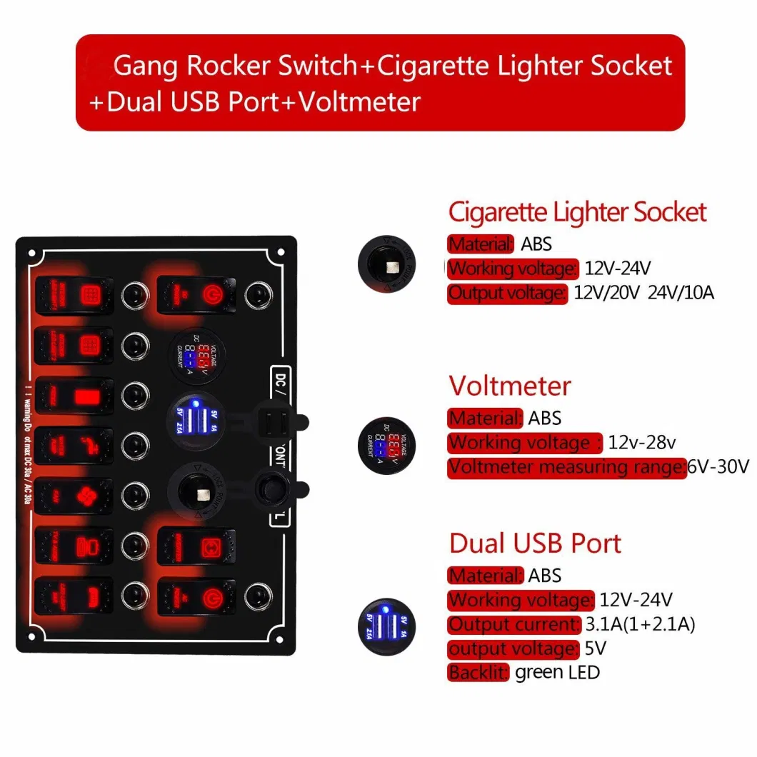 10 Gang Circuit LED Car Marine 5 Pin Boat Rocker Switch Panel with Fuse Dual USB Slot LED Light + Power Socket Breaker Voltmeter for RV Car Boat