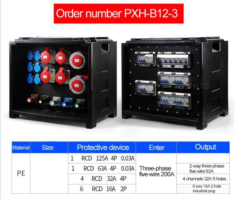 Black 3-Phase 16A-200A 110V-380V Waterproof, Flame-Retardant, and High-Temperature Resistant ABS/PC Plastic Stage Lighting Distribution Box with Cabinet Door