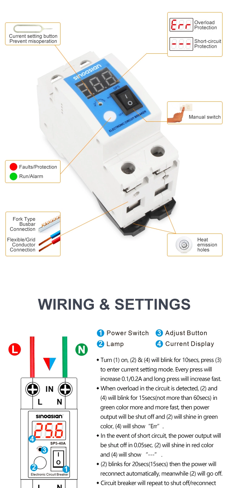 110-300V AC 20.8A Auto Reconnect Current Overload Electronic Circuit Breaker