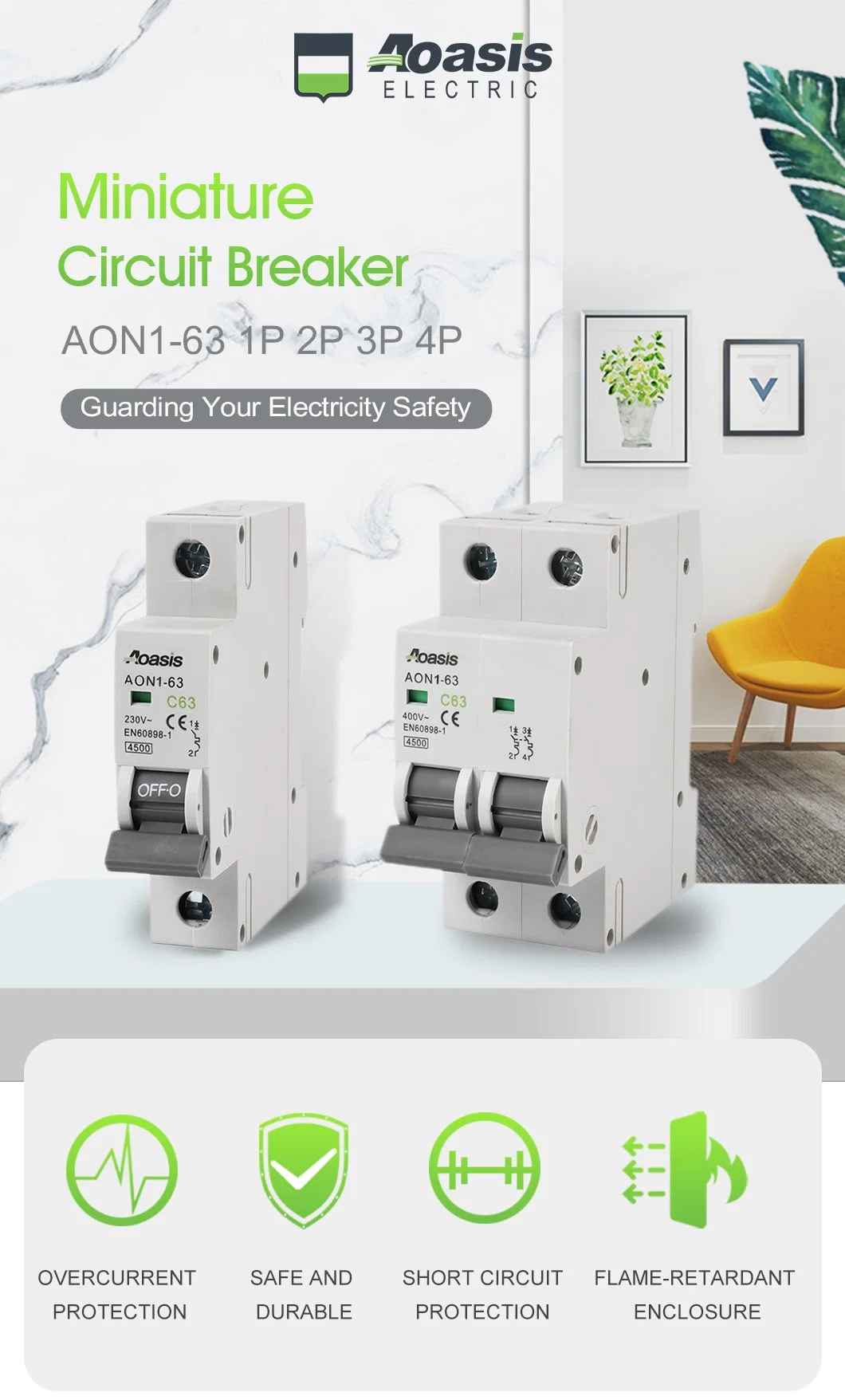 Aoasis Aon1-63 C63 63AMP MCB 4p 230V/400V 4.5ka 6ka Mini Circuit Breakers