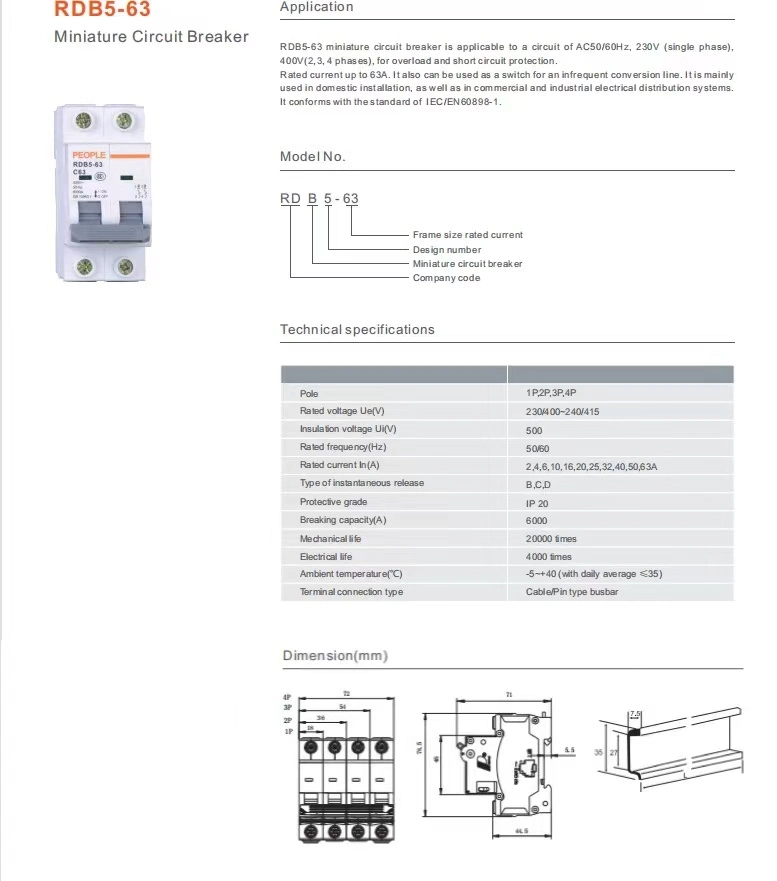 People Rdb5-63 6ka 1p/2p/3p/4p 32A MCB Mini Circuit Breaker