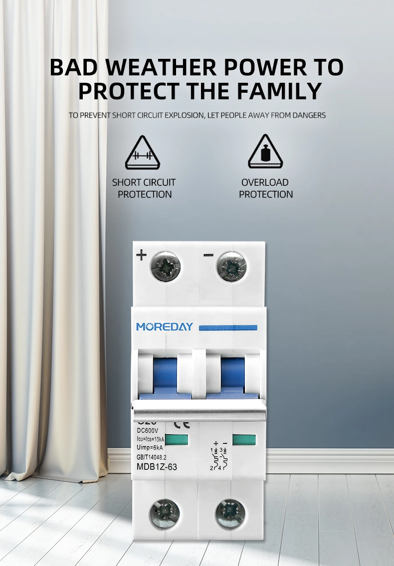 Moreday DC 800V 6ka 2p 6-63A Miniature Circuit Breaker DC Mini Circuit Breaker for Solar Energy System