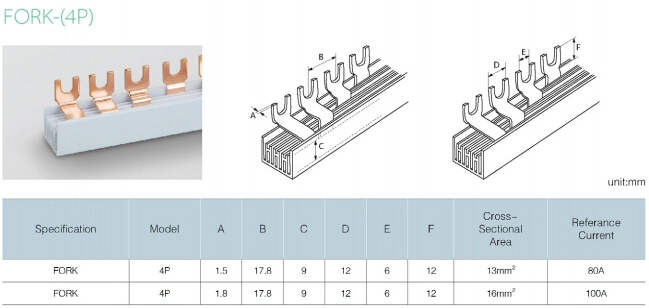 High Quality Fork Type 4p 1m Copper Busbar Used for MCB