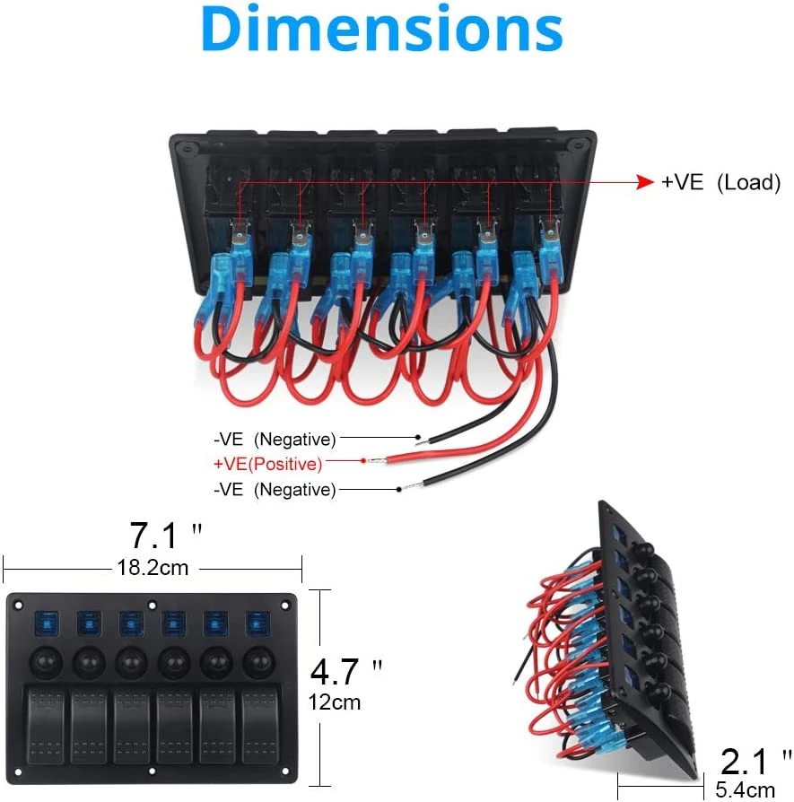 Waterproof 6 Gangs Rocker Switch Panel with Curcuit Breakers and LED for Car Marine Boat Motorcycle