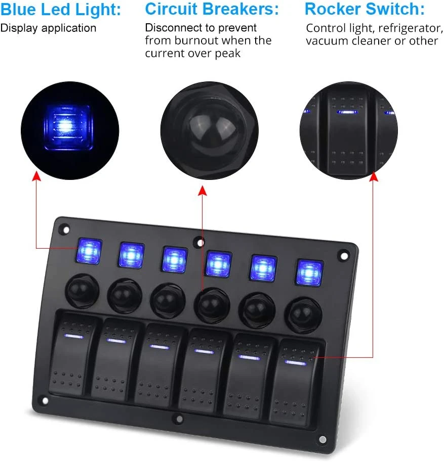 Waterproof 6 Gangs Rocker Switch Panel with Curcuit Breakers and LED for Car Marine Boat Motorcycle