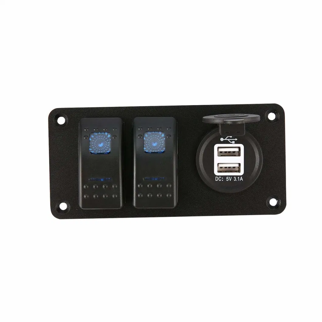 2 Gang Car Marine Boat 5 Pin LED Rocker Switch Panel Breaker 3.1A Dual USB Ports Socket Charger Waterproof Circuit