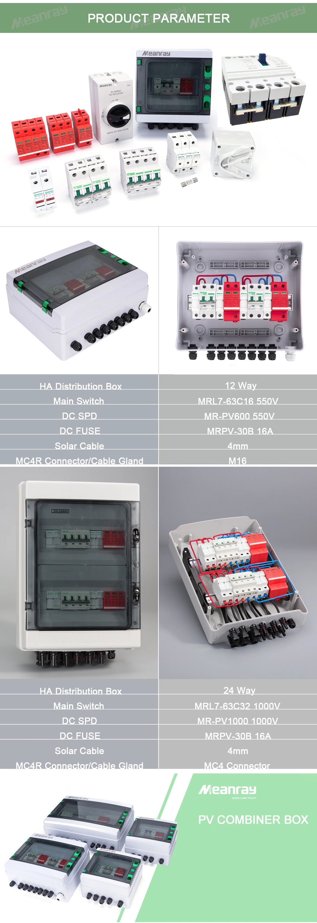 SPD Fuse Breaker PV Array Combiner Box 2/2 Strings Plastic Combiner Box