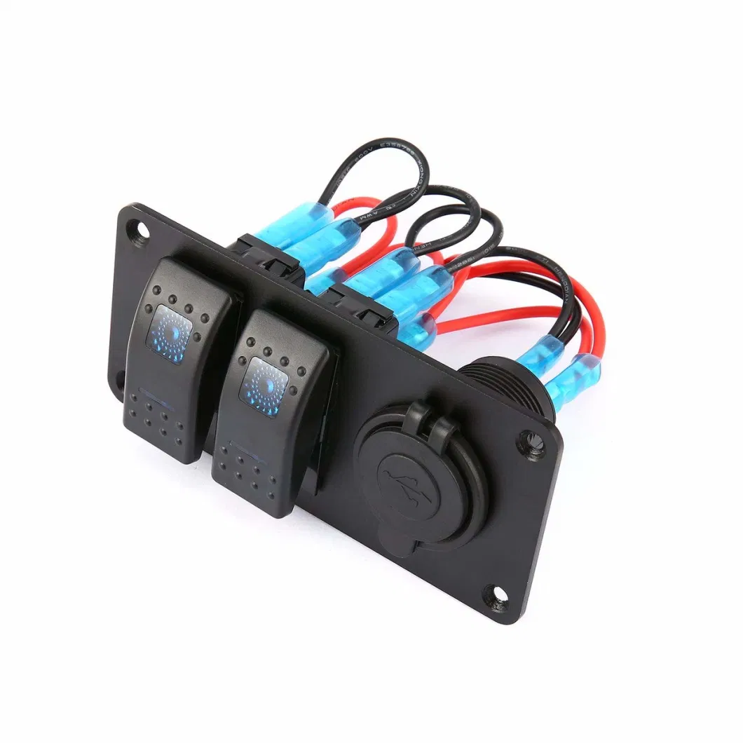 2 Gang Car Marine Boat 5 Pin LED Rocker Switch Panel Breaker 3.1A Dual USB Ports Socket Charger Waterproof Circuit