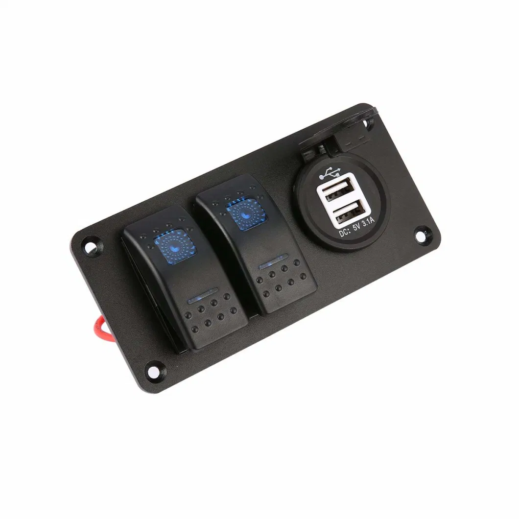 2 Gang Car Marine Boat 5 Pin LED Rocker Switch Panel Breaker 3.1A Dual USB Ports Socket Charger Waterproof Circuit