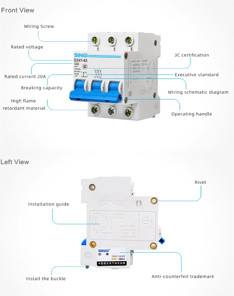 Singi Dz47-63 3p C20 Performance Heat Resistant University MCB Circuit Breaker