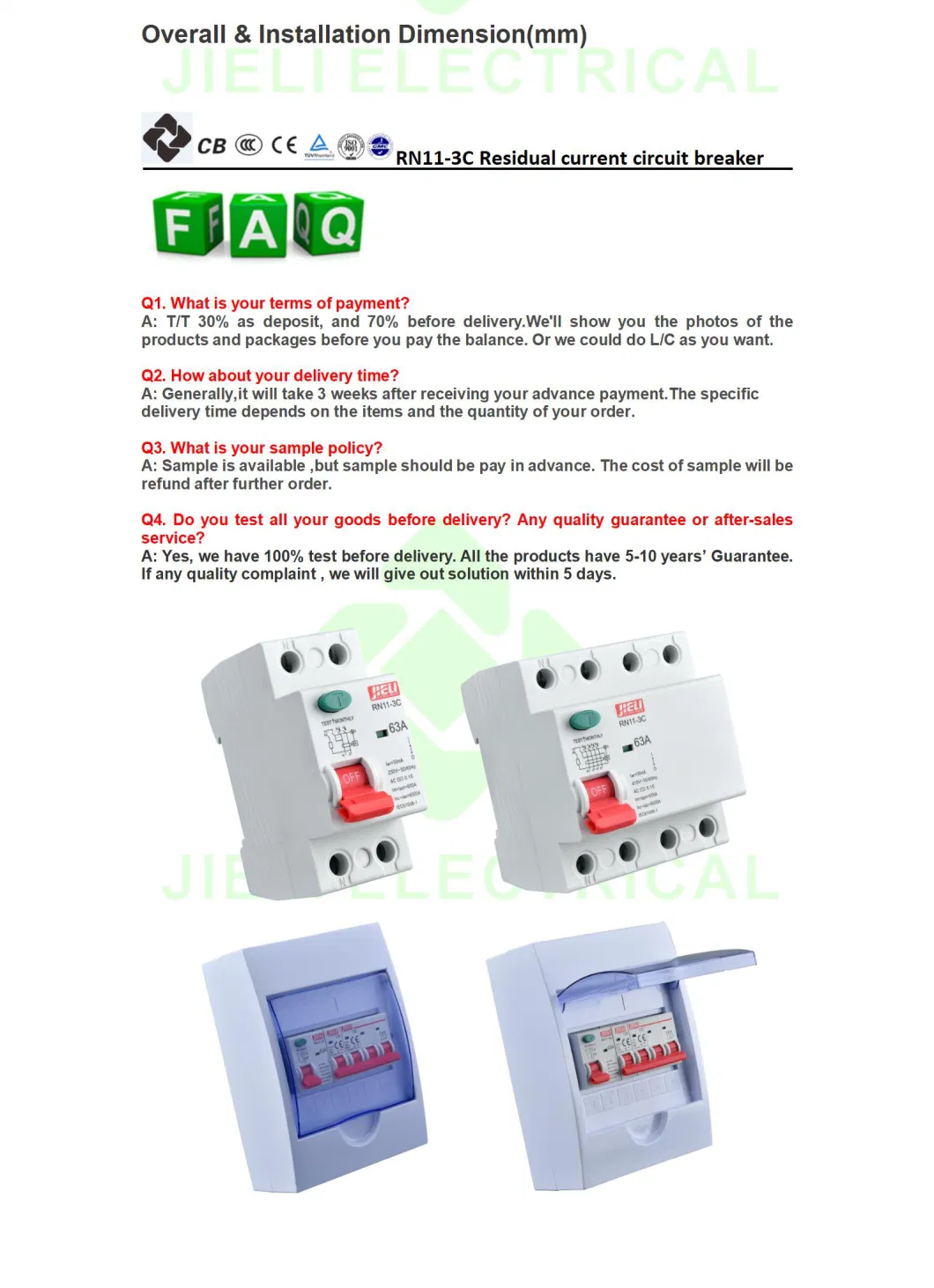 Jieli Scm RCCB Miniature Circuit Breaker MCB 63A AC Rn11-3c Wenzhou Zhejiang