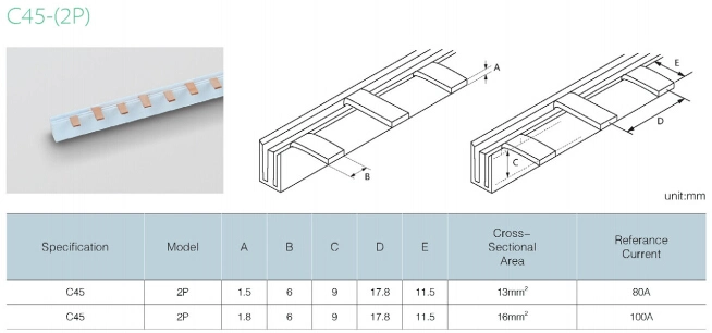 2p 32A C45 Type Miniature Circuit Breaker Bus Bars 2p MCB Copper Busbar