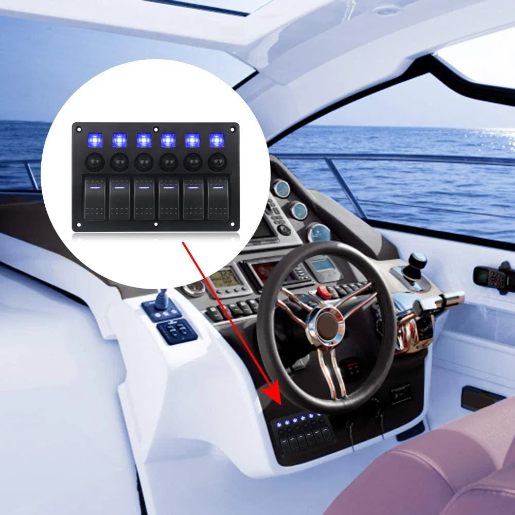 Waterproof 6 Gangs Rocker Switch Panel with Curcuit Breakers and LED for Car Marine Boat Motorcycle