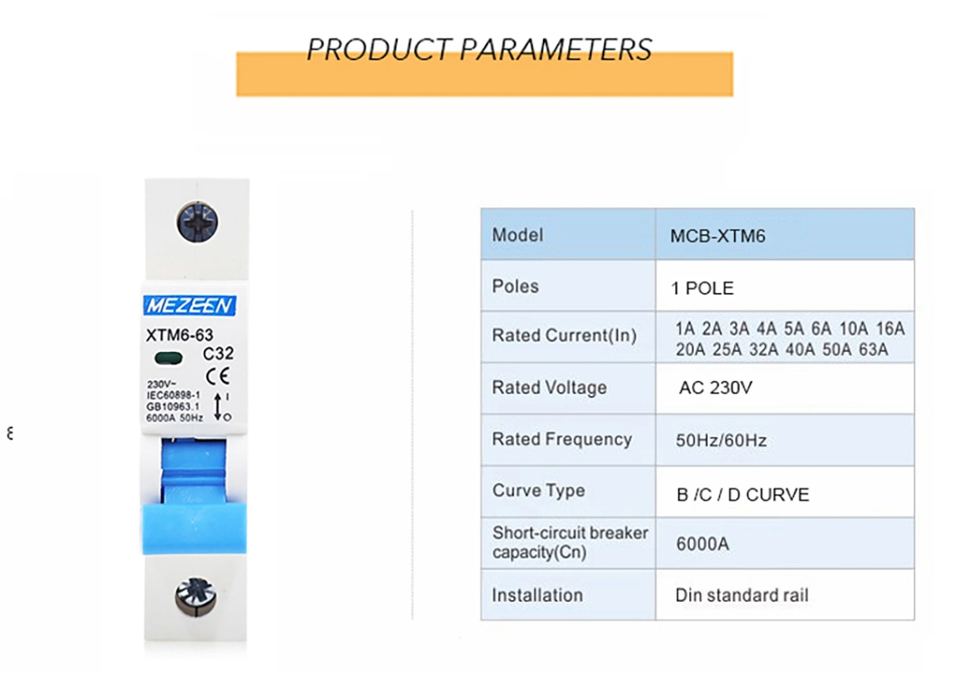 6ka CE AC/DC DIN Rail 1-63A MCB Mini Circuit Breaker