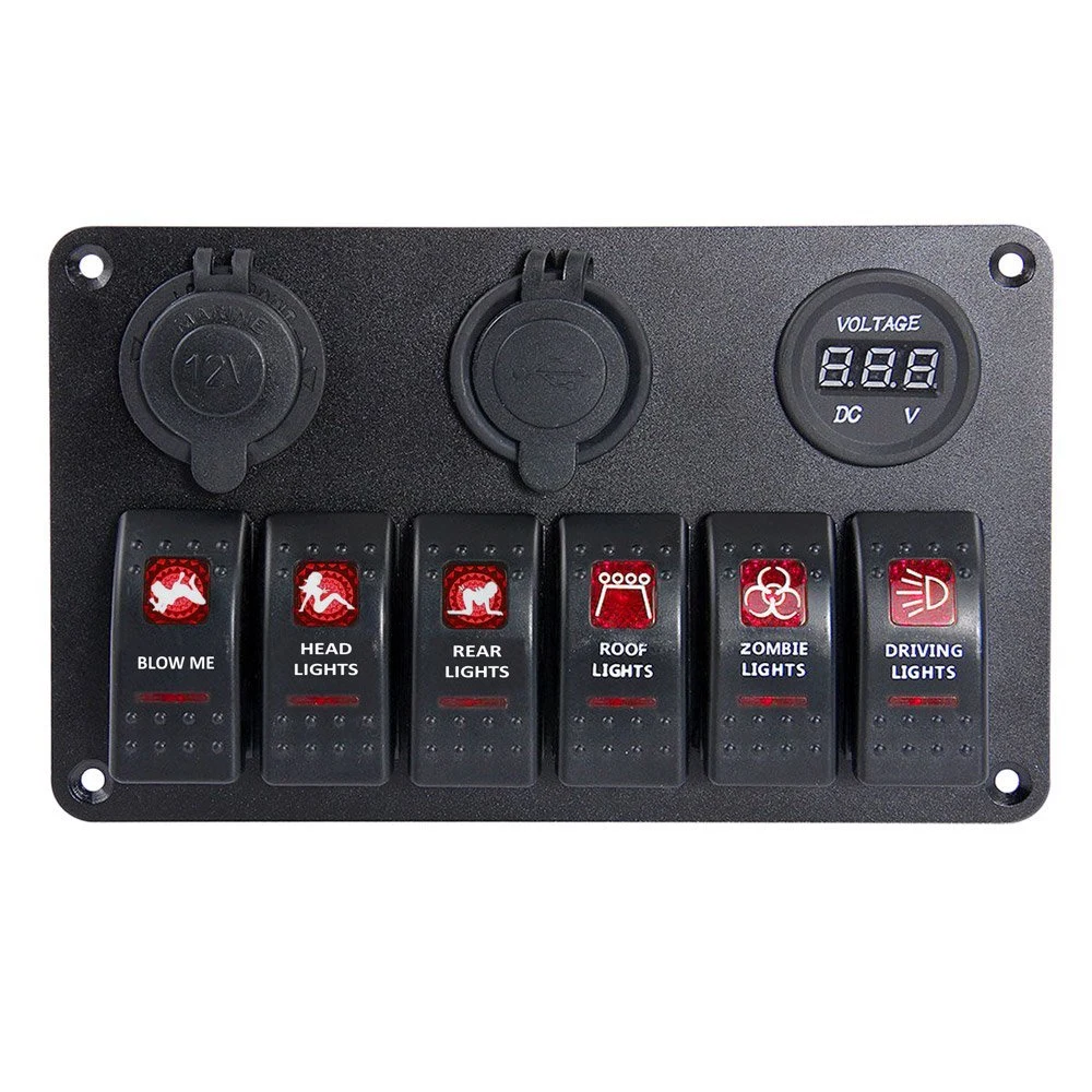 12V 6 Gang Switch Panel Car Boat Marine Cigarette Lighter Rocker Breaker