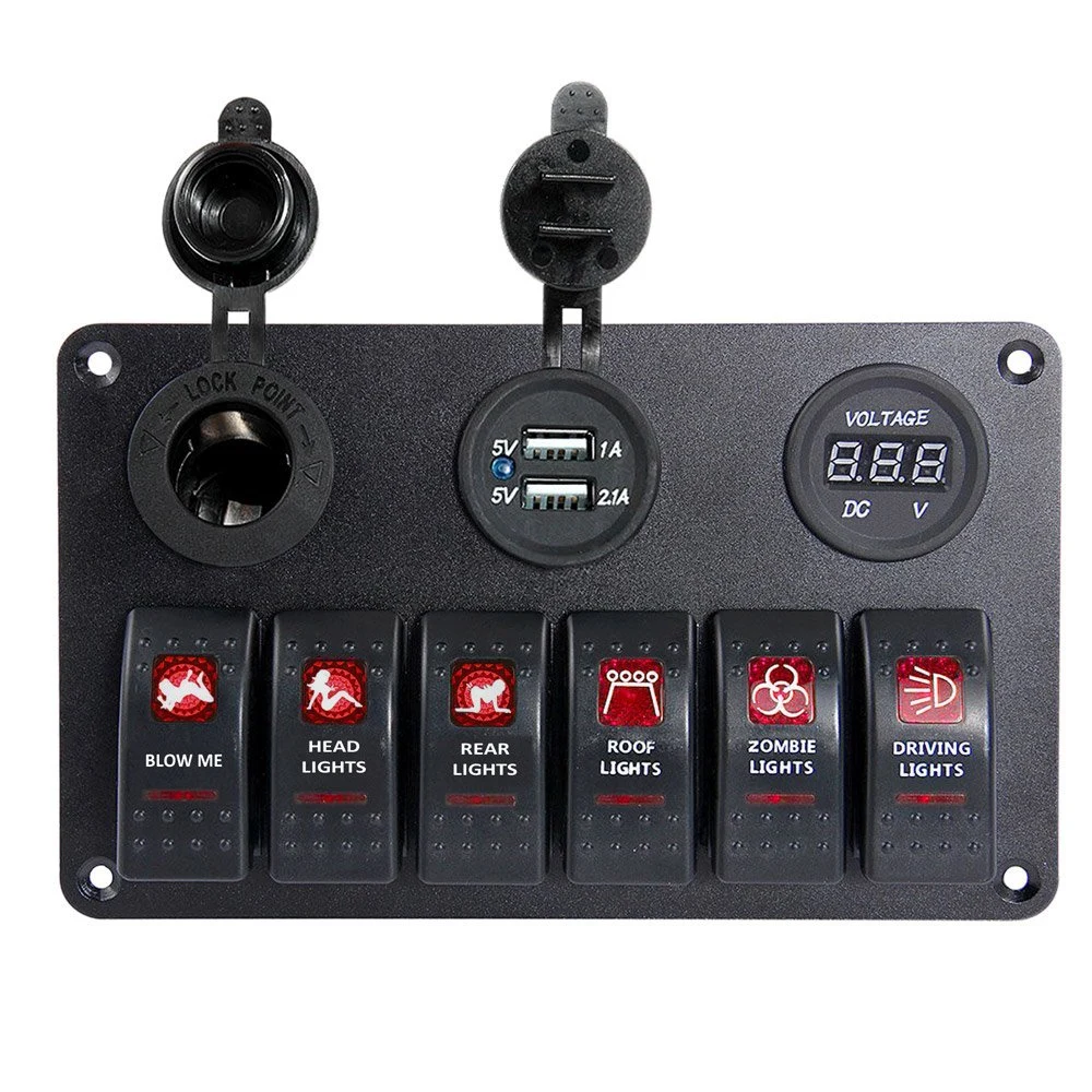 12V 6 Gang Switch Panel Car Boat Marine Cigarette Lighter Rocker Breaker