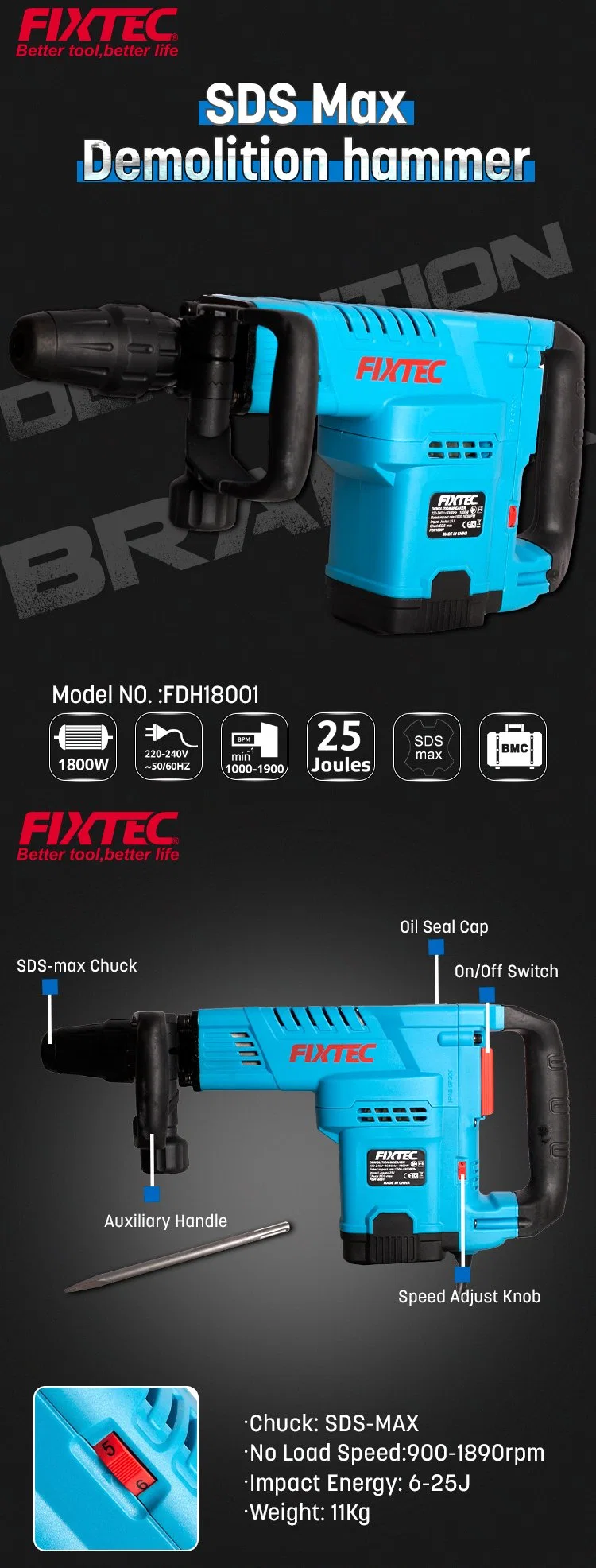 Fixtec SDS Max Demolition Hammer 1800W SDS-Max Electric Demolition Breaker