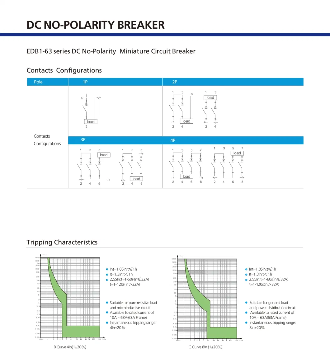 63A 20A 1000V 500V 2p 3p 4p DIN Rail B/C Curve 6ka 10ka No Polarity DC MCB Mini Circuit Breaker