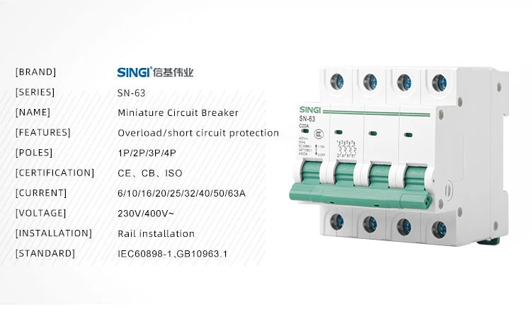 6ka C45 MCB Sn-63 1-4p 1~63A Miniature Circuit Breakers