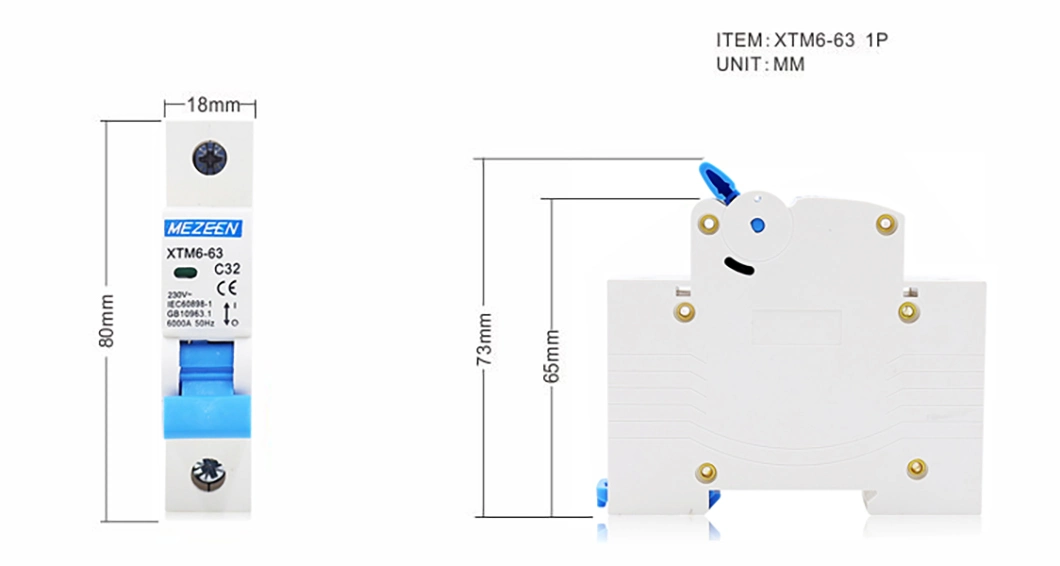 6ka CE AC/DC DIN Rail 1-63A MCB Mini Circuit Breaker