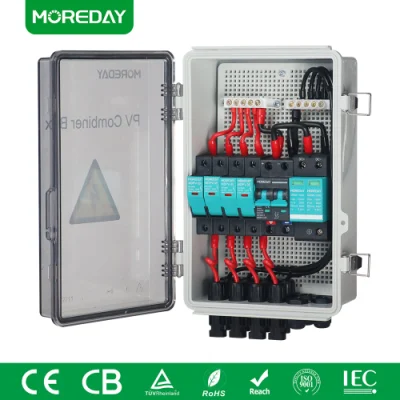  IP65 4 in 1 out 15A 4 String Solar PV Array Plastic DC Combiner Box,4pair conectores solares, Protección contra transitorios de iluminación, 63A 6kA MCB Lock Indicator,Waterproof ve
