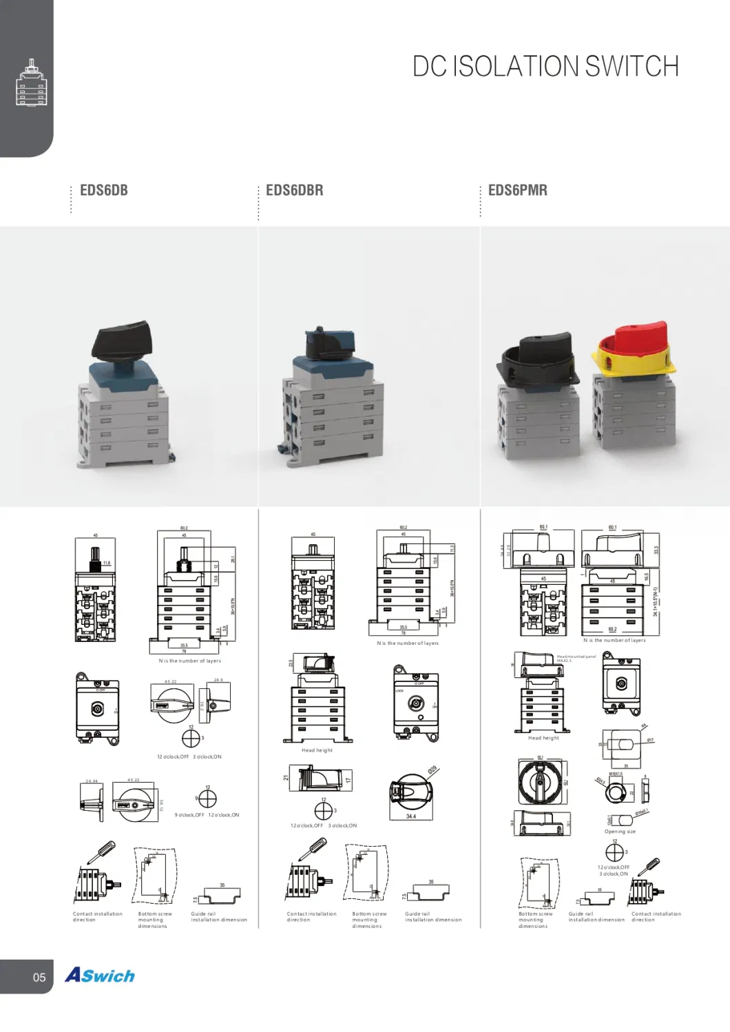 Aswich Solar PV System DIN-Rail, Panel Mounting, Single Hole Mounting, Door Interlock 1000/1500 50A Volt DC Isolator Switch Main Switch