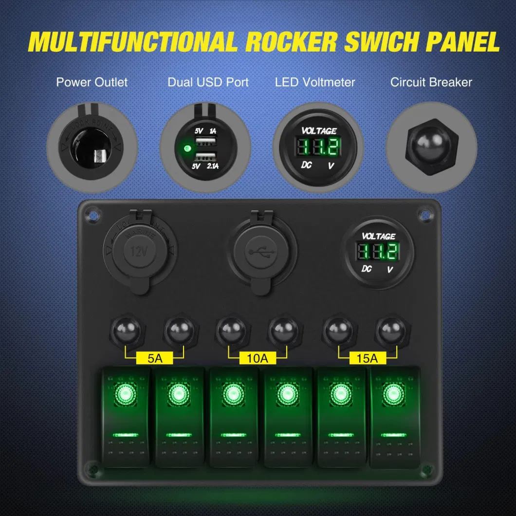 6 Gang on off Rocker Switch Panel Green Backlit 12V24V LED Digital Voltmeter Dual USB Charger Cigarette Lighter Socket Overload Protection Switch Panel for Cars